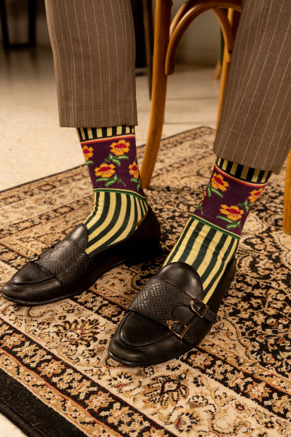 Olive Green Batik Patterned Cotton Crew Socks | Dewi