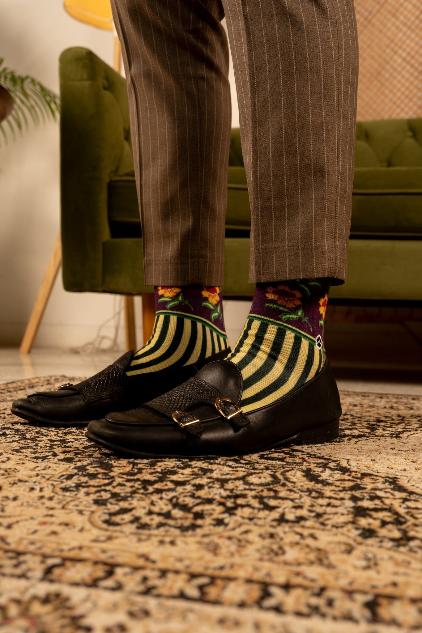 Olive Green Batik Patterned Cotton Crew Socks | Dewi