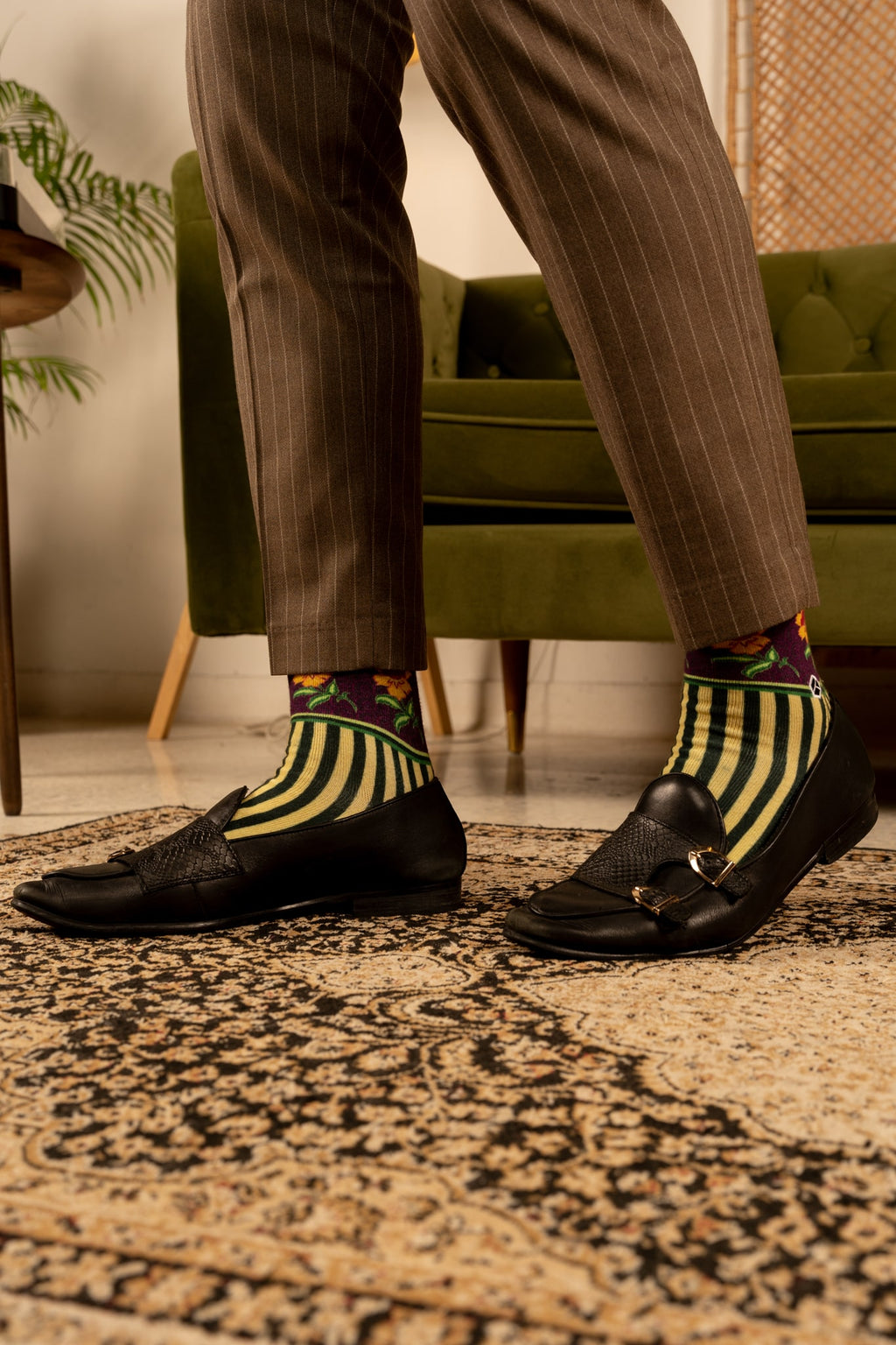 Olive Green Batik Patterned Cotton Crew Socks | Dewi