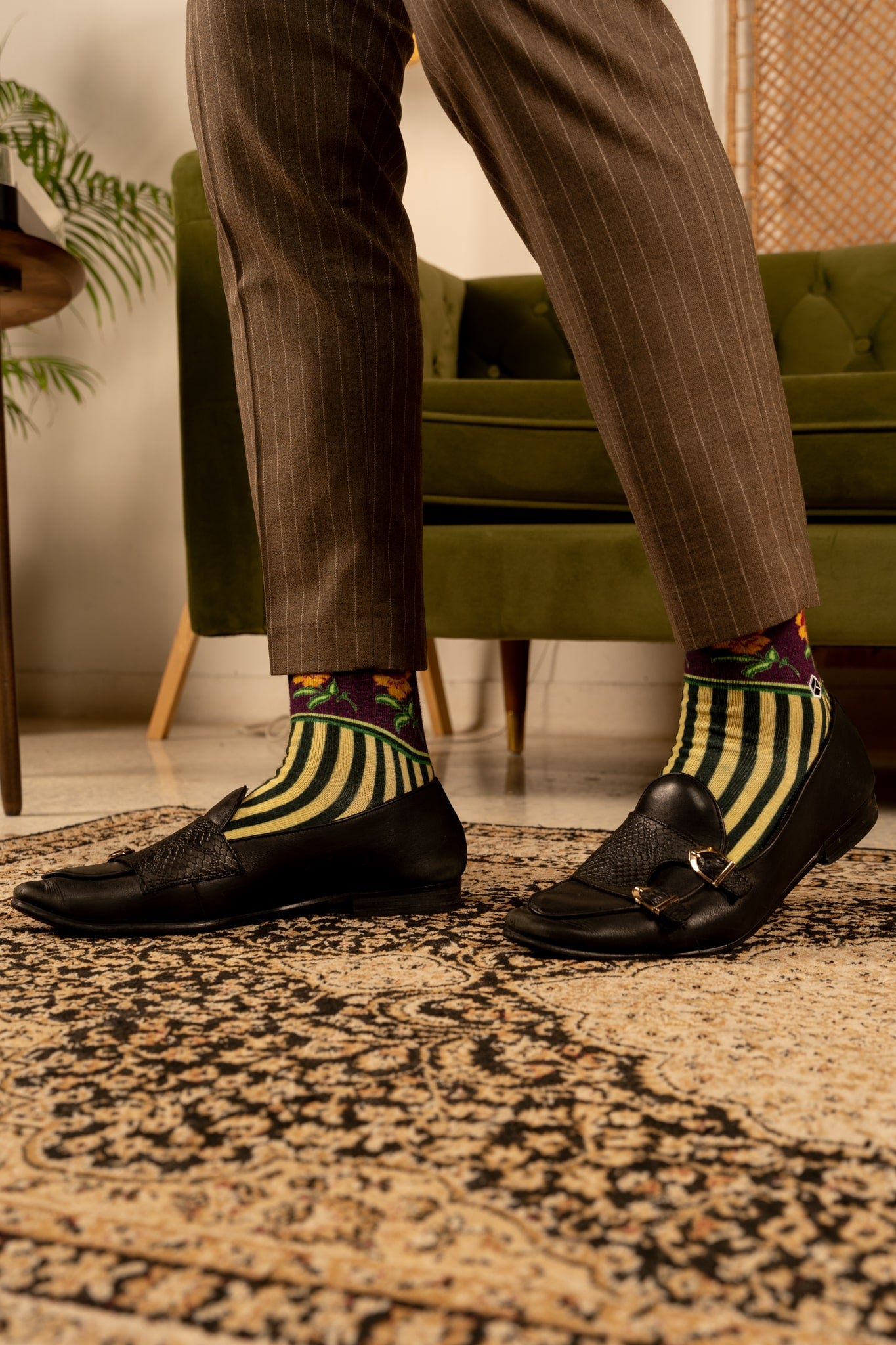 Olive Green Batik Patterned Cotton Crew Socks | Dewi