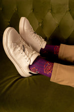 Load image into Gallery viewer, Mulberry Purple Moon Kite Patterned Cotton Crew Socks | Gerhana