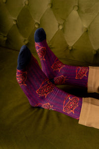 Mulberry Purple Moon Kite Patterned Cotton Crew Socks | Gerhana