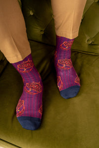 Mulberry Purple Moon Kite Patterned Cotton Crew Socks | Gerhana