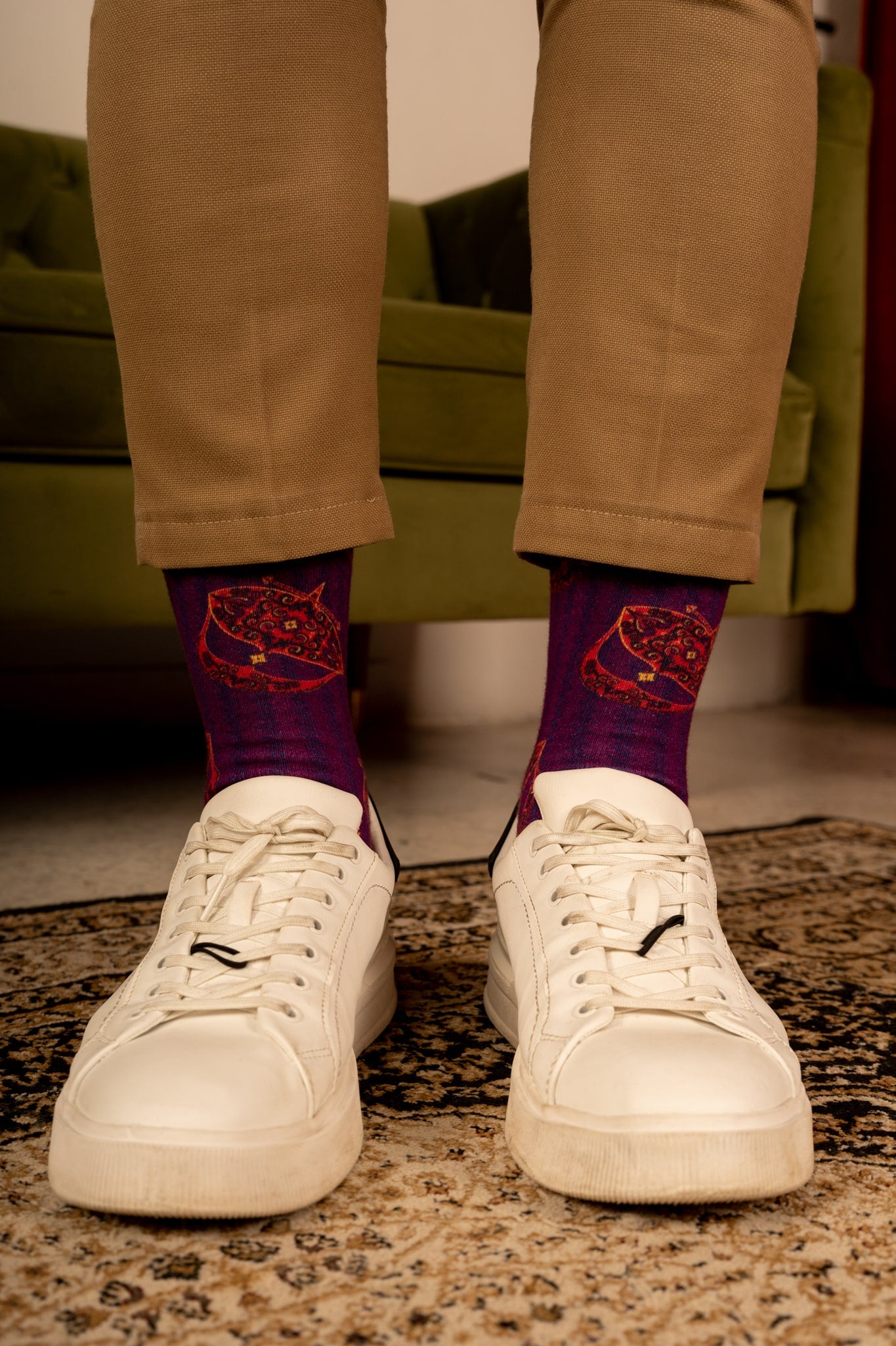 Mulberry Purple Moon Kite Patterned Cotton Crew Socks | Gerhana