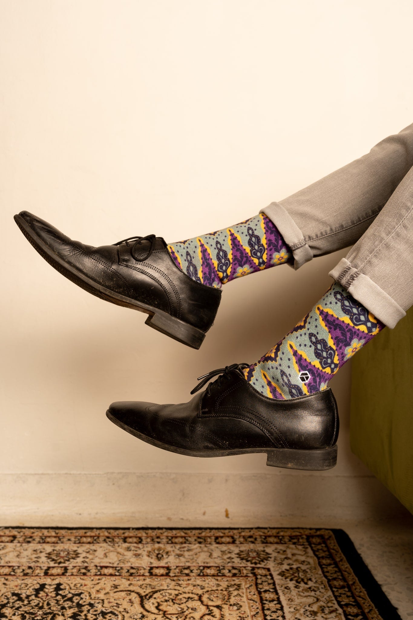 French Violet Purple Batik Patterned Cotton Crew Socks | Juwita