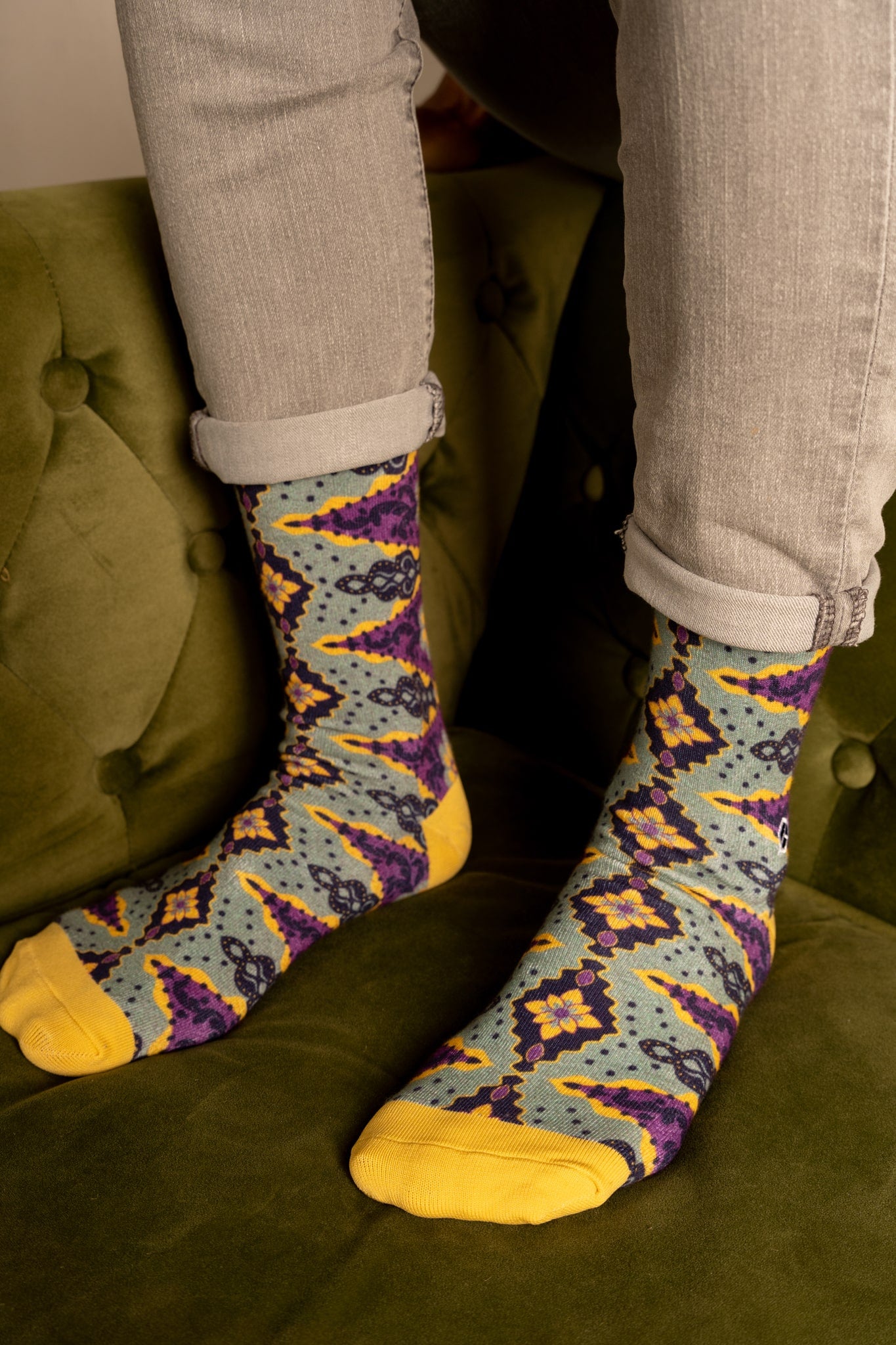 French Violet Purple Batik Patterned Cotton Crew Socks | Juwita