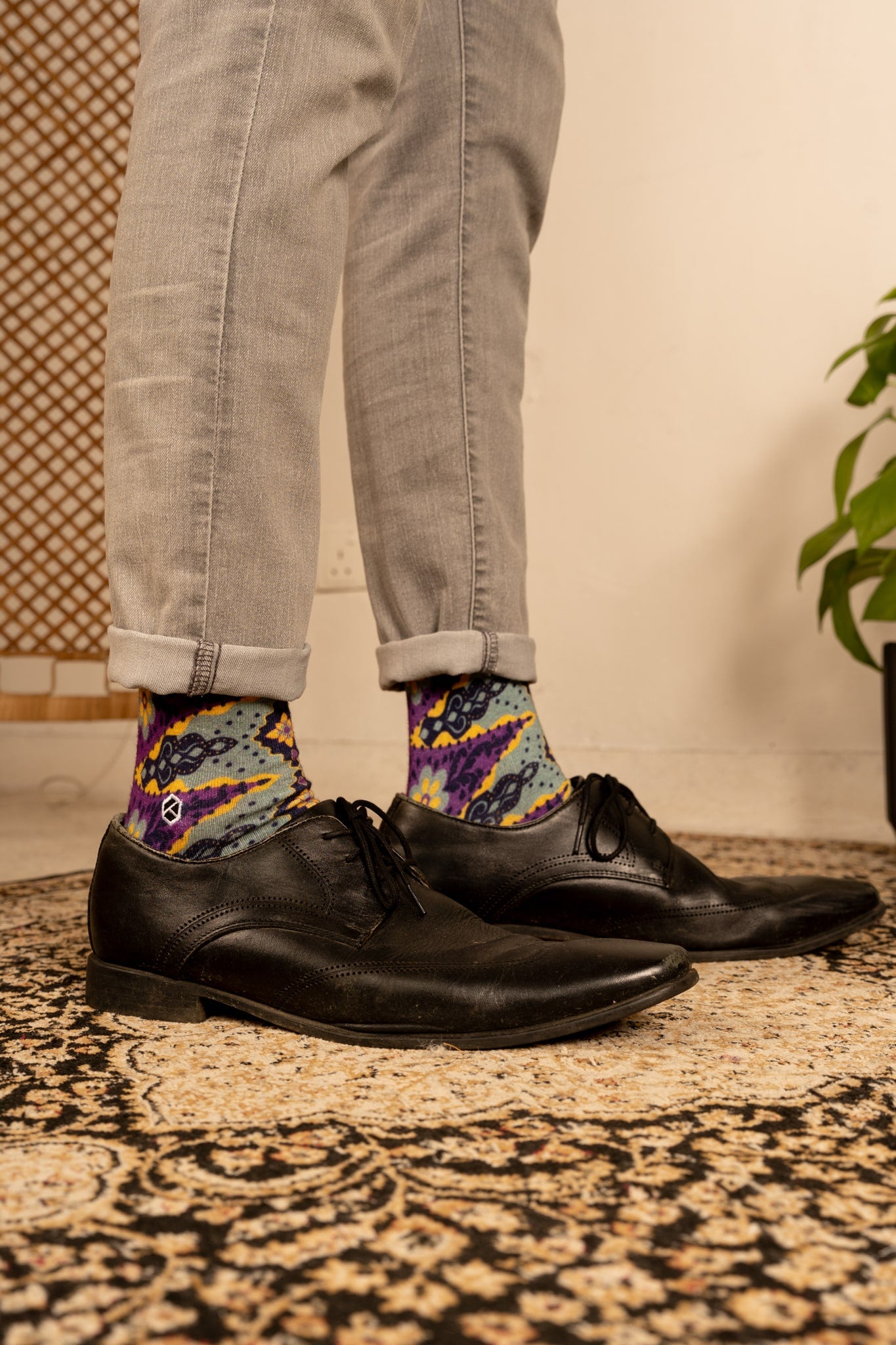 French Violet Purple Batik Patterned Cotton Crew Socks | Juwita