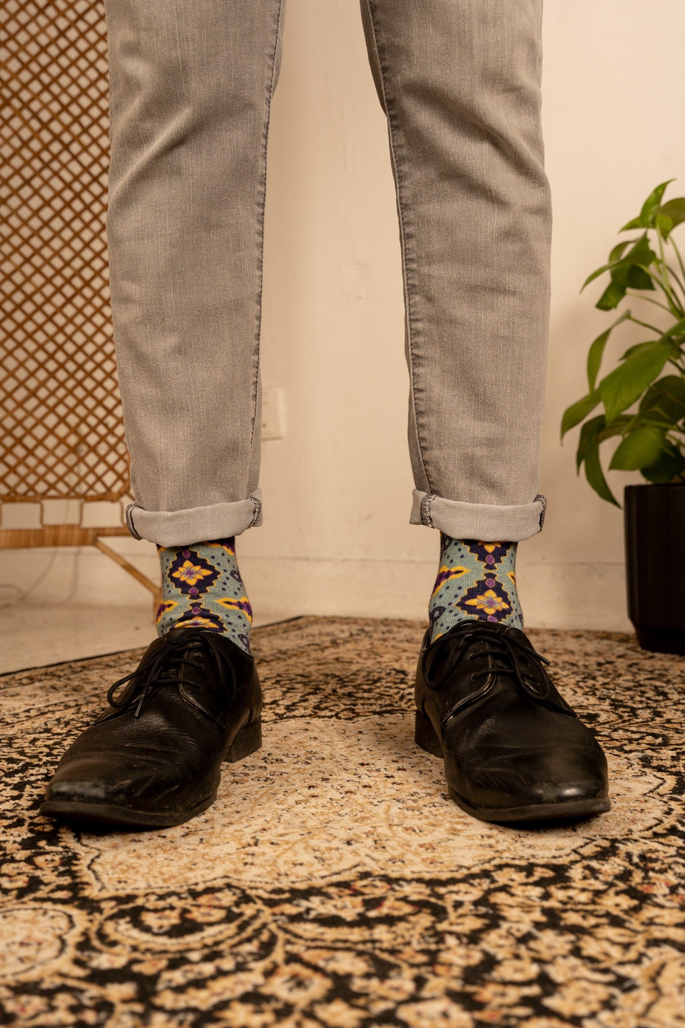 French Violet Purple Batik Patterned Cotton Crew Socks | Juwita
