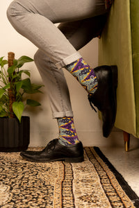French Violet Purple Batik Patterned Cotton Crew Socks | Juwita