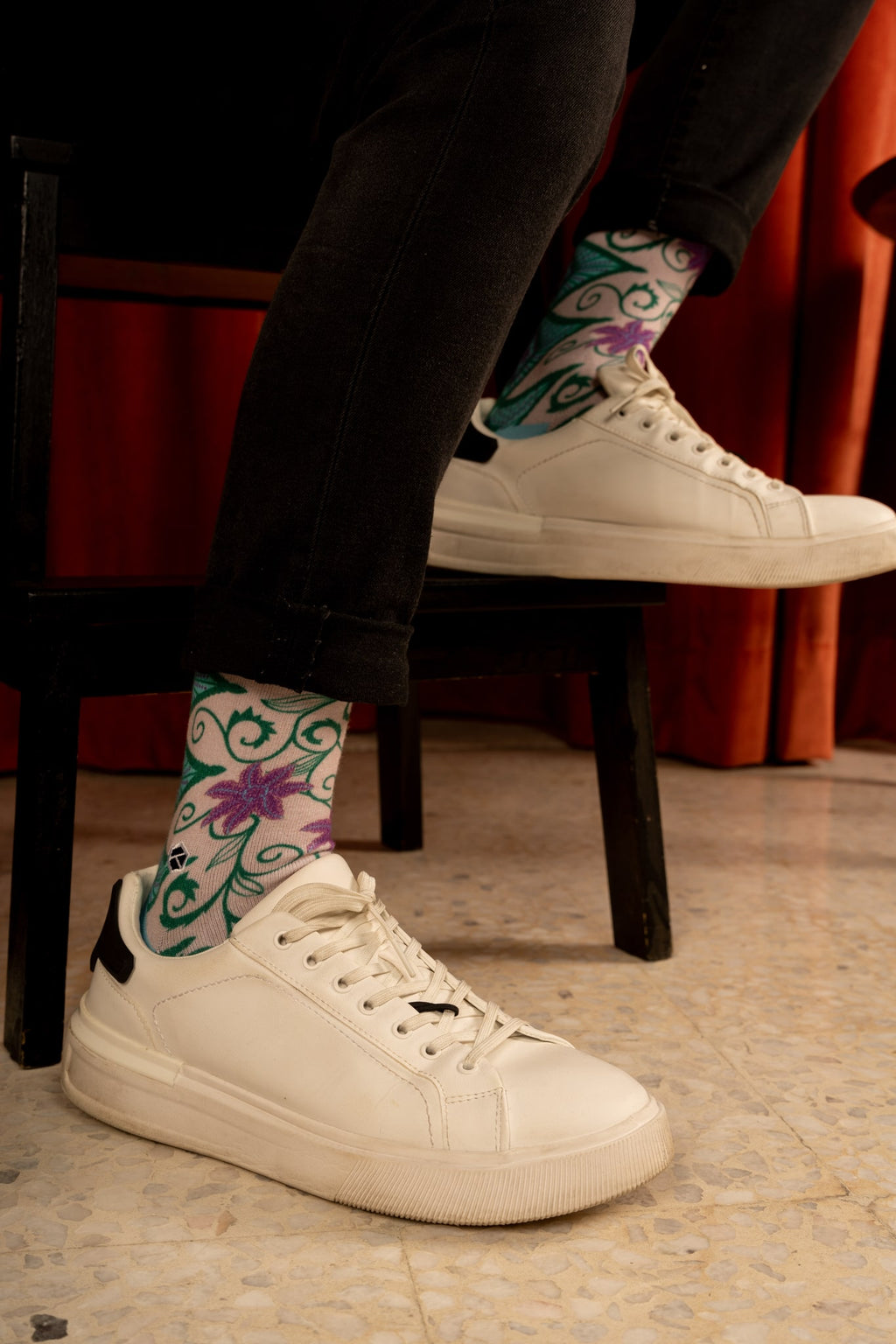 Spanish Pink Floral Batik Patterned Cotton Crew Socks | Kirana