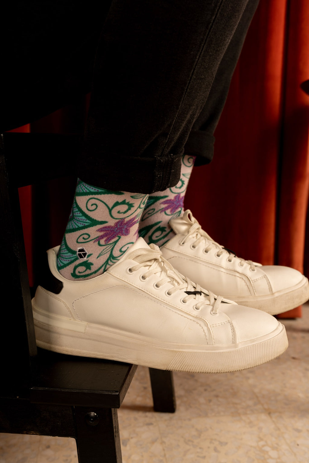 Spanish Pink Floral Batik Patterned Cotton Crew Socks | Kirana
