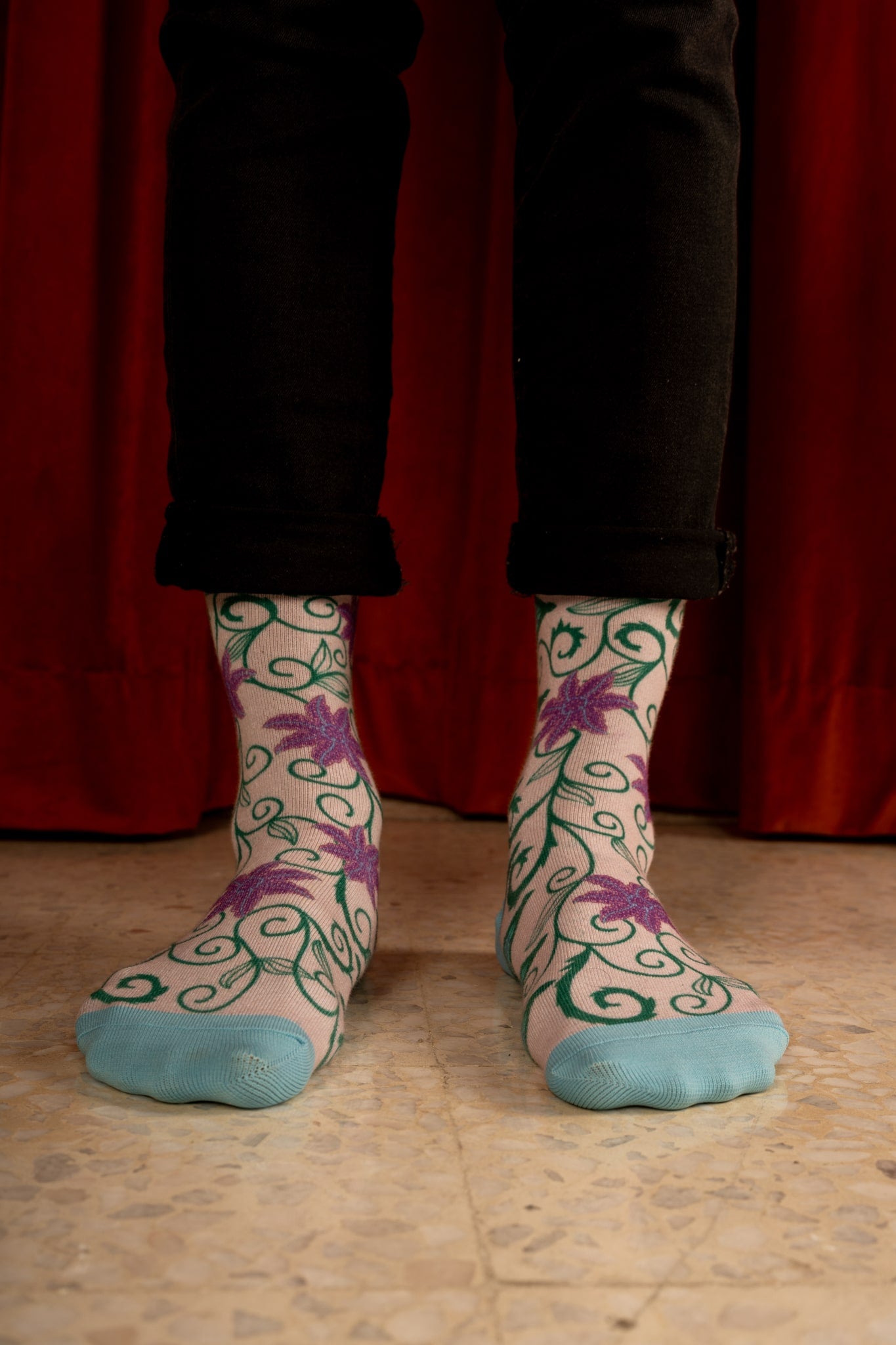 Spanish Pink Floral Batik Patterned Cotton Crew Socks | Kirana