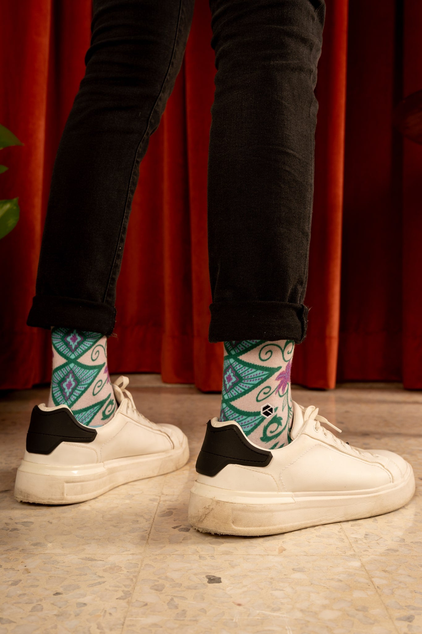 Spanish Pink Floral Batik Patterned Cotton Crew Socks | Kirana