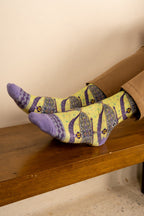 Lime Green Moon Kite Patterned Cotton Crew Socks | Purnama