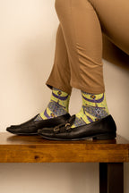 Lime Green Moon Kite Patterned Cotton Crew Socks | Purnama