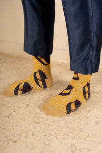 Champagne Yellow Moon Kite Patterned Cotton Crew Socks | Suria