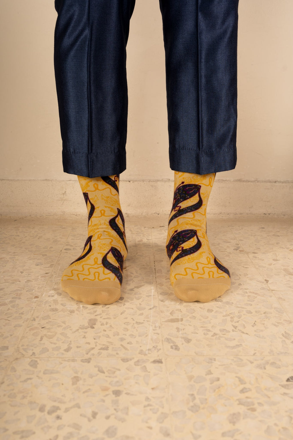 Champagne Yellow Moon Kite Patterned Cotton Crew Socks | Suria