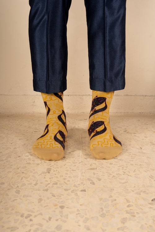 Champagne Yellow Moon Kite Patterned Cotton Crew Socks | Suria
