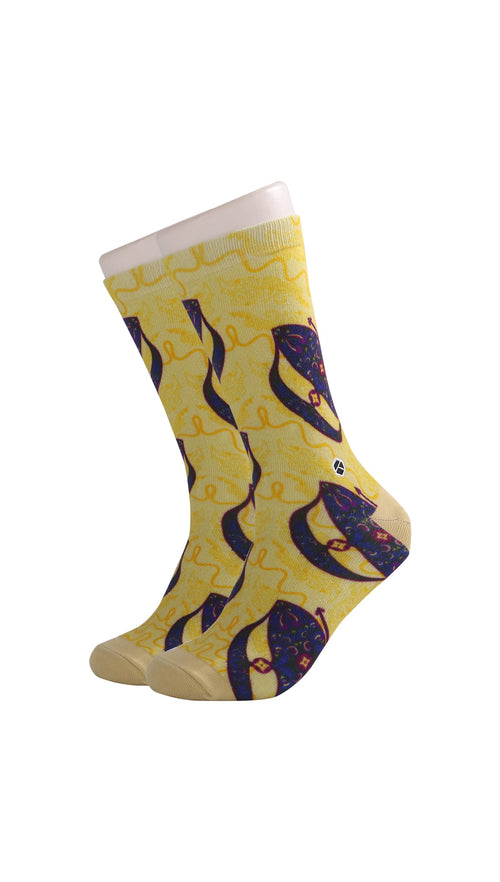 Champagne Yellow Moon Kite Patterned Cotton Crew Socks | Suria