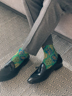 Dark Spring Green Batik Patterned Cotton Crew Socks | Ceplok II