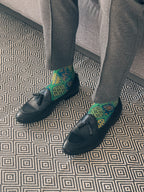 Dark Spring Green Batik Patterned Cotton Crew Socks | Ceplok II
