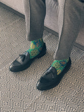 Load image into Gallery viewer, Dark Spring Green Batik Patterned Cotton Crew Socks | Ceplok II