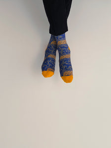 Dark Cerulean Batik Patterned Cotton Crew Socks | Lereng Timur II
