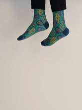 Load image into Gallery viewer, Dark Spring Green Batik Patterned Cotton Crew Socks | Ceplok II