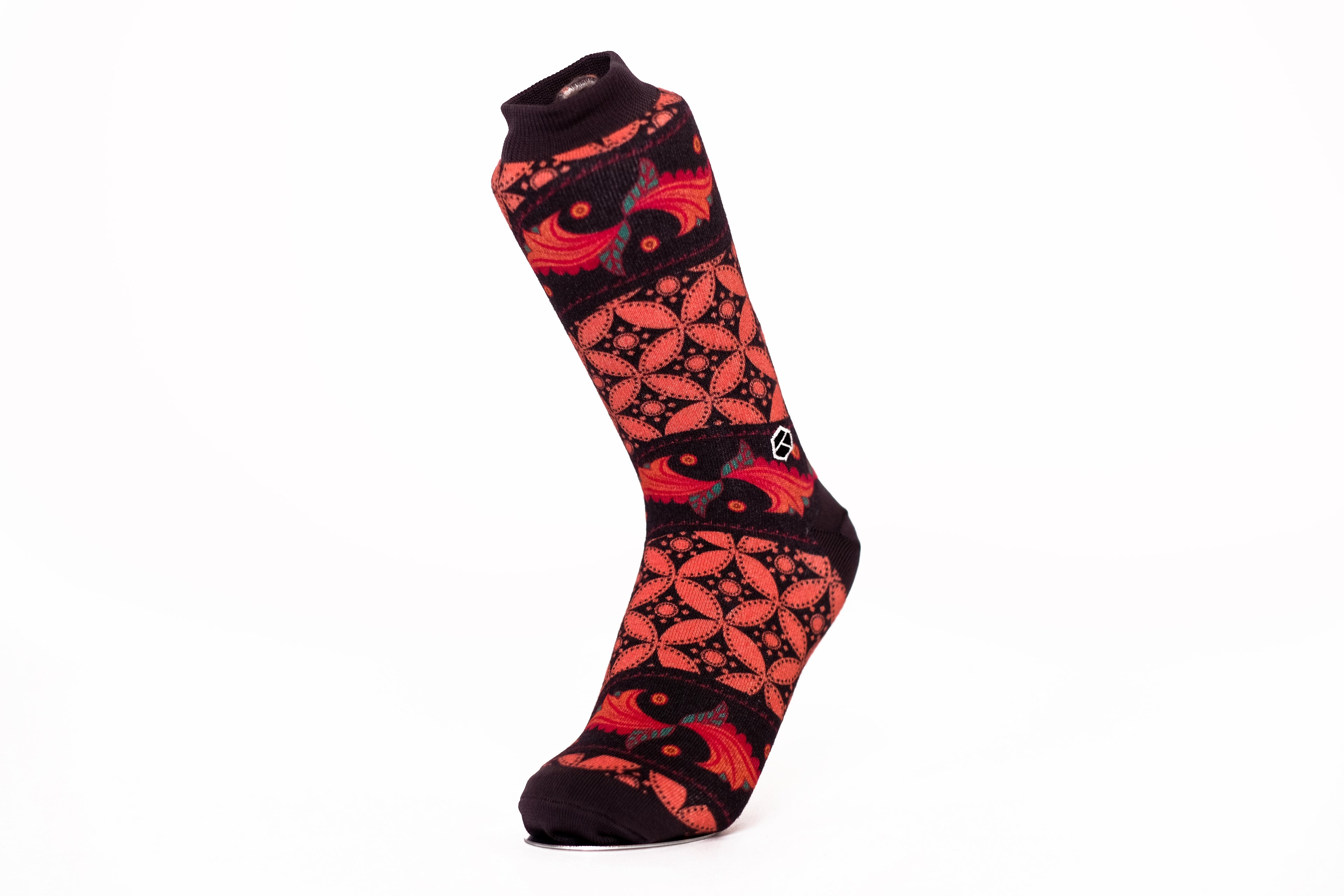 Coral Red Batik Patterned Cotton Crew Socks | Lereng Barat
